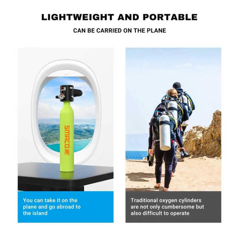 0.5L Mini Scuba Tank Portable Handheld Diving Tank With DOT Mark next to airplane window and divers with traditional tanks