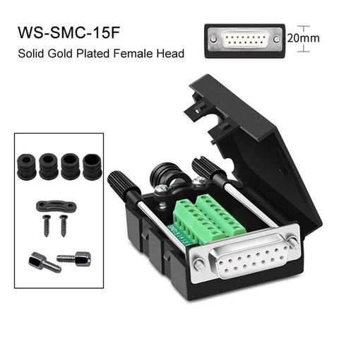 Front view: DB15 15-pin D-sub connector, green terminal blocks in black housing; rubber sleeves and screws.