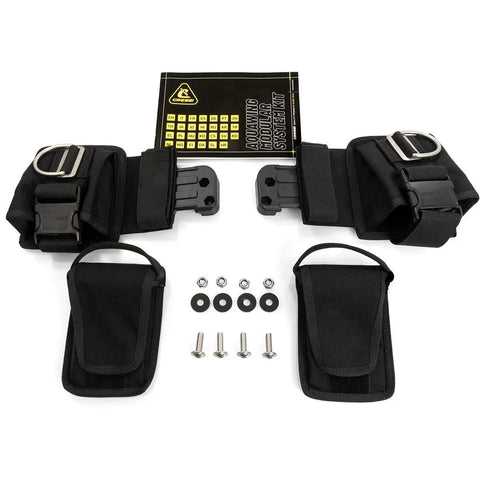 Modular Weight Pocket System Kit for Aquawing Scuba BCD, Expand Your Rig With Side Pockets, Aluminum Plate Mounts, Includes 2 Weight Pockets And D Rings, Easy Harness Attachment, Boost Buoyancy Control On Deep Dives kit components displayed
