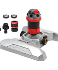 Six Pattern Rotary Sprinkler With Metal Base And Quiet Operation Adjustable Coverage From Five To Three Hundred Sixty Degrees Flow Through Design For Lawn Watering Quick Connect Starter Set Included