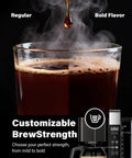 Programmable 10 Cup Drip Coffee Maker With Brew Pause, Adjustable Brew Strength, showing coffee strength options regular to bold.