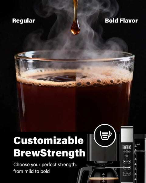 Programmable 10 Cup Drip Coffee Maker With Brew Pause, Adjustable Brew Strength, showing coffee strength options regular to bold.