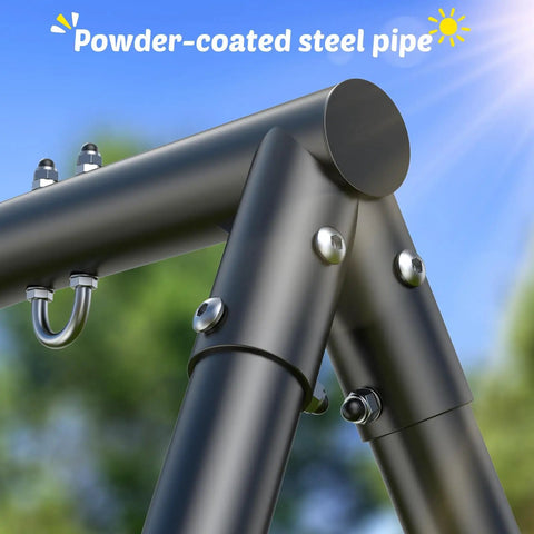 Heavy Duty Backyard Swing Set Built Tough With 440Lb Capacity featuring sturdy A-frame metal joint and black powder-coated stand