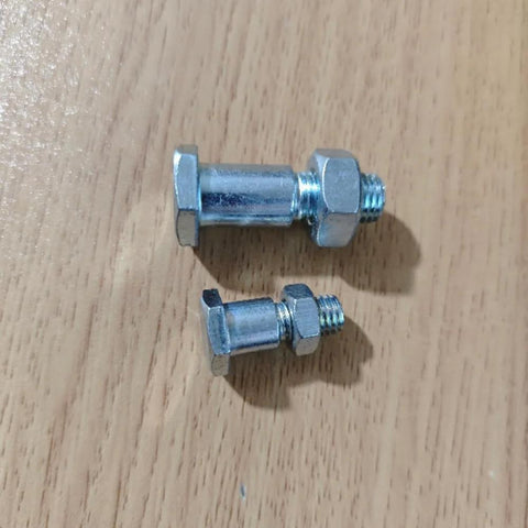 Front view of two zinc-plated motorcycle kickstand bolts with nuts (M8/M10)