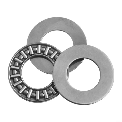Thinking Process: needle roller thrust bearing with steel washers, shown with polished metal raceways