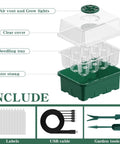 Illustration of 5 Pack 60 Cell Seed Starter Trays With Built In Grow Light Kit, showing dome, tray, base, USB cable, and garden tools.