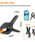 Six Pack Heavy Duty 4.5 Inch Plastic Spring Clamps for Backdrops and Photography Studios, showing size dimensions