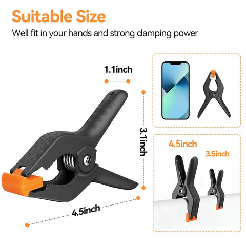 Six Pack Heavy Duty 4.5 Inch Plastic Spring Clamps for Backdrops and Photography Studios, showing size dimensions
