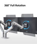 Game Changing Dual Monitor Stand With Smooth Gas Spring Lift Fits 17 To 32 Inch Displays, showcasing 360° rotation features.