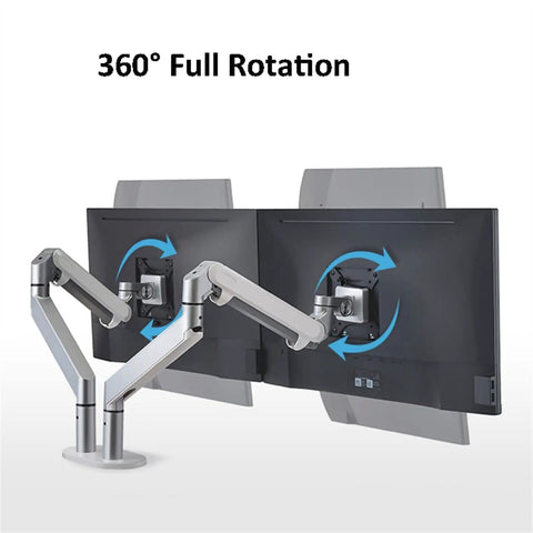 Game Changing Dual Monitor Stand With Smooth Gas Spring Lift Fits 17 To 32 Inch Displays, showcasing 360° rotation features.