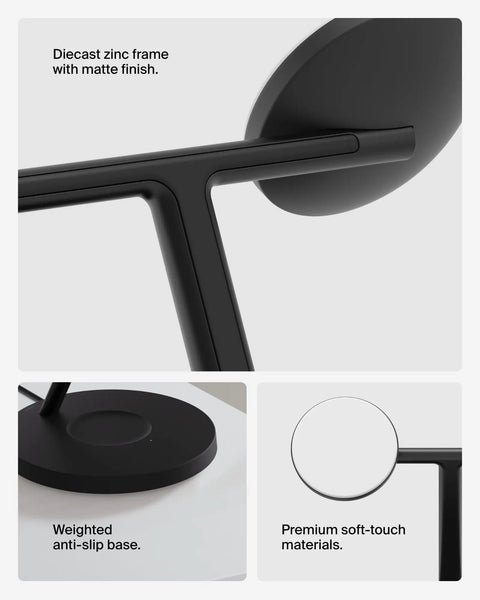 Close-up of sleek black MagSafe Compatible 3 In 1 Wireless Charging Station showing diecast zinc frame and anti-slip base.