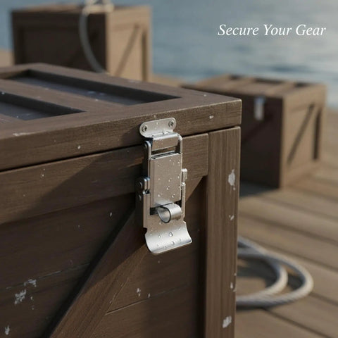 Stainless Steel Toggle Latch 2.6 Inch For Toolboxes And Storage Cases With Spring Loaded Catch on wooden crate