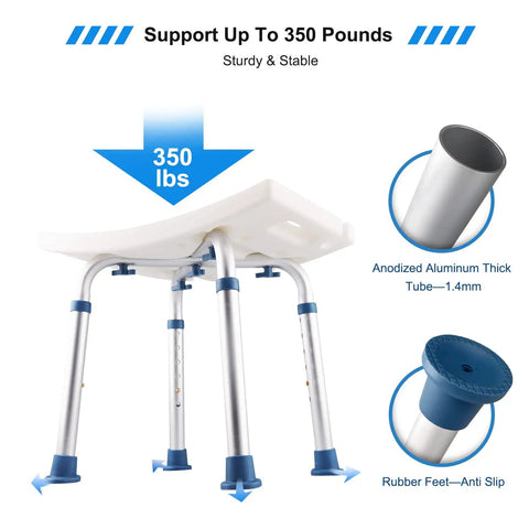 Shower Stool With Head Holder For Inside Shower And Tub, Bath Chair With Adjustable Height, aluminum legs, and rubber feet