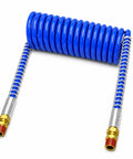 Boss Level 12 Foot Blue Air Coil Hose Featuring One Half Inch Male Pipe Fittings For Universal Heavy Duty Air Compressors Shop And Garage Essential Kit Reduces Slack Significantly With Smart Coiled Shape Stays Organized For Quick Service Always. Blue coiled air hose with 1/2-inch male pipe fittings, shown stretched for workshop use.
