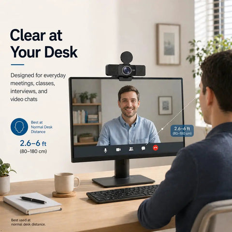 Clear desk setup featuring Straight Up Crisp 4K Autofocus USB Webcam For PC With Dual Mics for video calls.
