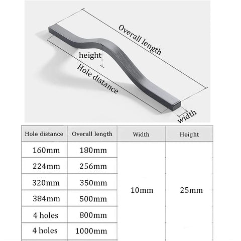 Diagram showing dimensions of a brushed gold aluminum alloy sleek cabinet handle with 160mm hole distance