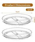 Smooth Spin Bathroom Vanity Tray For Counter 2 Pack 9 Inch Rotary Makeup Organizer displaying product dimensions, clear acrylic trays.