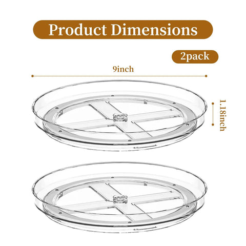 Smooth Spin Bathroom Vanity Tray For Counter 2 Pack 9 Inch Rotary Makeup Organizer displaying product dimensions, clear acrylic trays.