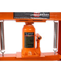 Heavy Duty 12 Ton Hydraulic Shop Press With Portable H Frame showing bright orange 12T hydraulic bottle jack for easy bearing installations.