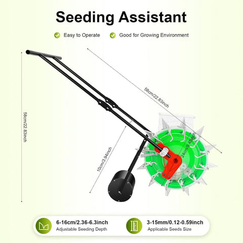 Diagram of 12 Nozzles Hand Push Garden Seeder For Slopes And Terraces, showing dimensions and features for efficient seeding.