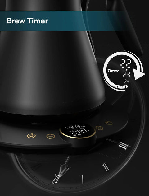 Close-up of gooseneck electric kettle's brew timer feature. Gooseneck Electric Kettle With Precise Temperature Control Within One Degree Fahrenheit