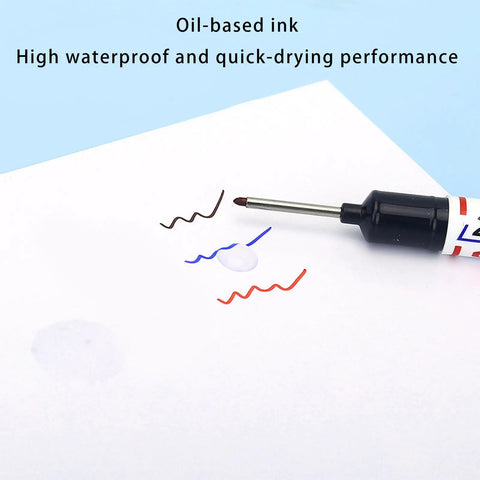 Close-up of Rock Solid Permanent Markers Waterproof Oil Based Writing Markers showing red, blue, and brown ink on paper.