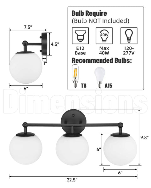 Dimensions of Three Light Black Vanity Light Fixture With Milky White Glass Globe Shade Sleek Modern Minimalist Wall Sconce