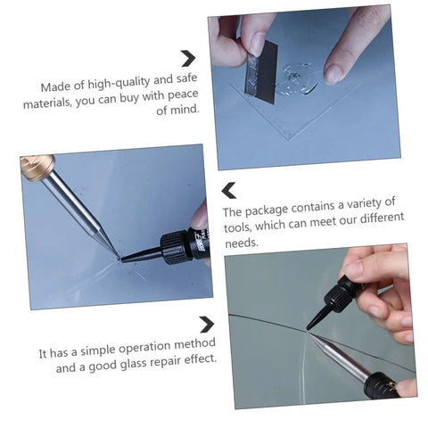 Steps of using Powerful Windshield Crack Repair Kit For Quick Easy Fixes And Large Area Cracks Tool Set for DIY glass correction.