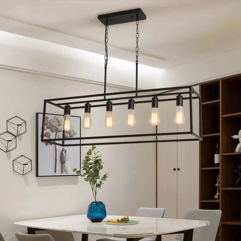 6 Light Rectangle Black Pendant Chandelier With Adjustable Stems hanging over dining table in modern room, open bulb design visible
