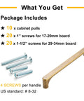 Package contents of 10 Pack Antique Brass Drawer Pulls 3 Inch Vintage Cabinet Handles, including screws and handle.