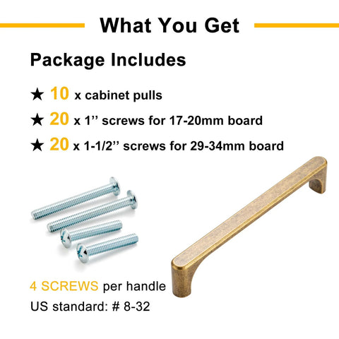 Package contents of 10 Pack Antique Brass Drawer Pulls 3 Inch Vintage Cabinet Handles, including screws and handle.
