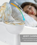 Elongated Toilet Seat for Bathroom with quiet closing feature and marbled design, measuring 14.5" x 18.5".