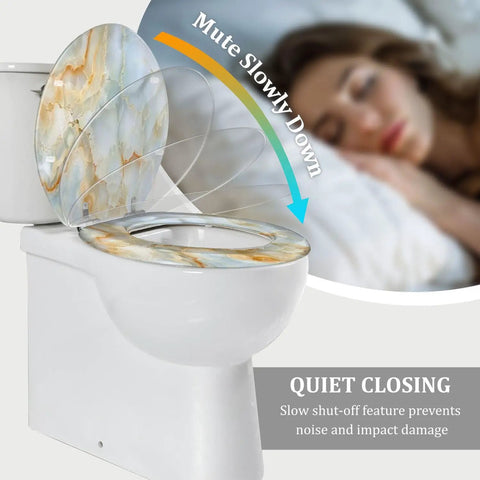 Elongated Toilet Seat for Bathroom with quiet closing feature and marbled design, measuring 14.5" x 18.5".