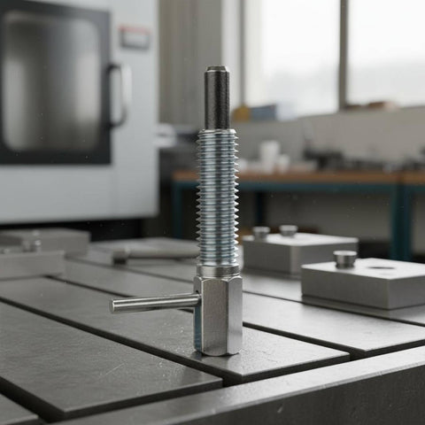 Heavy Duty Spring Indexing Plunger With Rugged L Handle For Snappy Manual Retraction positioned on workshop table surfaces.