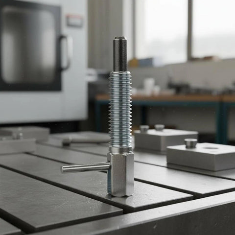 Rock Solid 304 Stainless Steel Spring Plunger Indexing Pin With Smooth L Handle for precision locator on workshop table.