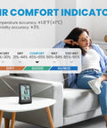 Indoor Outdoor Thermometer Wireless Weather Station With Comfort Indicator displayed on table in living room setup