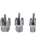Three heavy duty alloy steel pipe threader tools for male female threads, compatible with half, three quarter, and one inch PVC pipes.