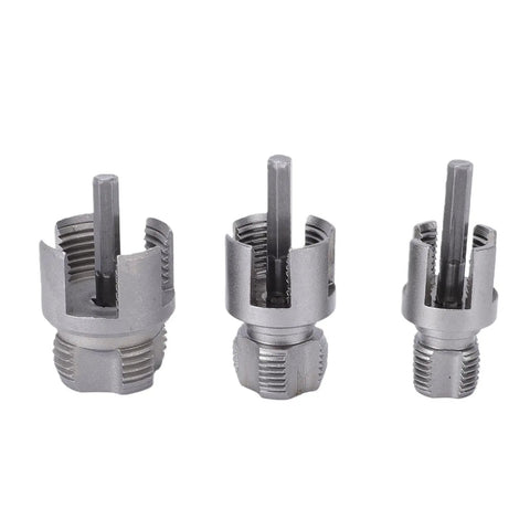 Three heavy duty alloy steel pipe threader tools for male female threads, compatible with half, three quarter, and one inch PVC pipes.