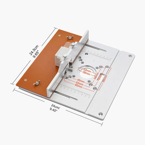 Premium Aluminum Router Table Insert Plate With Slick Flat Surface For Precision Wood Trimming And Engraving Work Featuring No Sweat Mounting And Bulletproof Stability For Your Daily Shop Projects, top view with dimensions shown.