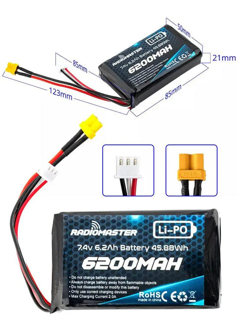 Beefy 7.4V 2S 6200mAh LiPo Battery With XT30 JST XH Connector dimensions and close-up connectors