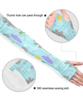 Dope Dinosaur Print UV Arm Sleeves With Anti Slip Ice Silk Cooling Covers, showing thumb hole and seamless sewing skill for unisex fits.