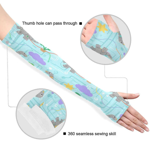 Dope Dinosaur Print UV Arm Sleeves With Anti Slip Ice Silk Cooling Covers, showing thumb hole and seamless sewing skill for unisex fits.