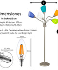 Medusa Adjustable Floor Lamp with five multi colored acrylic shades and dimensions displayed, 69 inches tall, silver finish.