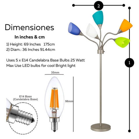 Medusa Adjustable Floor Lamp with five multi colored acrylic shades and dimensions displayed, 69 inches tall, silver finish.