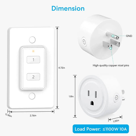 Two Pack Mini Wireless Remote Outlet Plug Adapter With Remote 2 Channel Wall Switch 656ft Range For Indoor Lamps And Home Appliances No Hub Required 10A/1100W Magnetic Detachable Remote Fridge Mountable dimension diagram with measurements and high quality copper nickel pins.