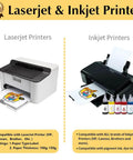 LaserJet and InkJet printers side-by-side with a printed t-shirt image and color ink bottles.