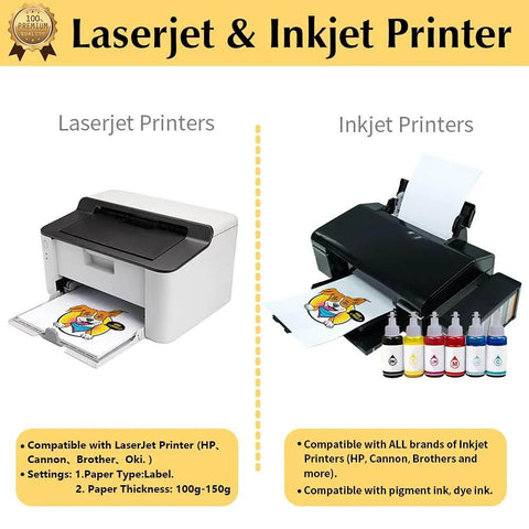 LaserJet and InkJet printers side-by-side with a printed t-shirt image and color ink bottles.