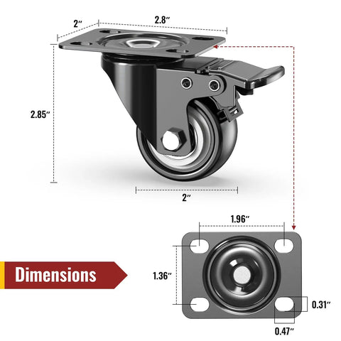 Heavy Duty 2 Inch Swivel Caster Wheels With Total Lock Brake Steel Build Set Of 8 showing dimensions and design details.