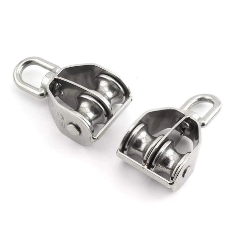 Beefy 2 Pack M25 Stainless Steel Double Pulley Block For Rigging And Lifting, Heavy Duty Swivel Wheel Block, 150Kg Load Capacity, 25Mm Wheel Diameter, 11Mm Groove, Rust Resistant Hardware. Two M25 stainless steel double pulley blocks with swivel eye