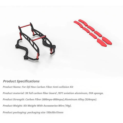 Ultra Lightweight Drone Anti Collision Protection Kit With 3K Carbon Fiber Frame And Aviation Aluminum Hardware For Max 600 To 800 MPa Strength Weighs Just 19 Grams Excluding Aircraft Built For Beefed Up Rugged Flight shown with red accents and specifications list